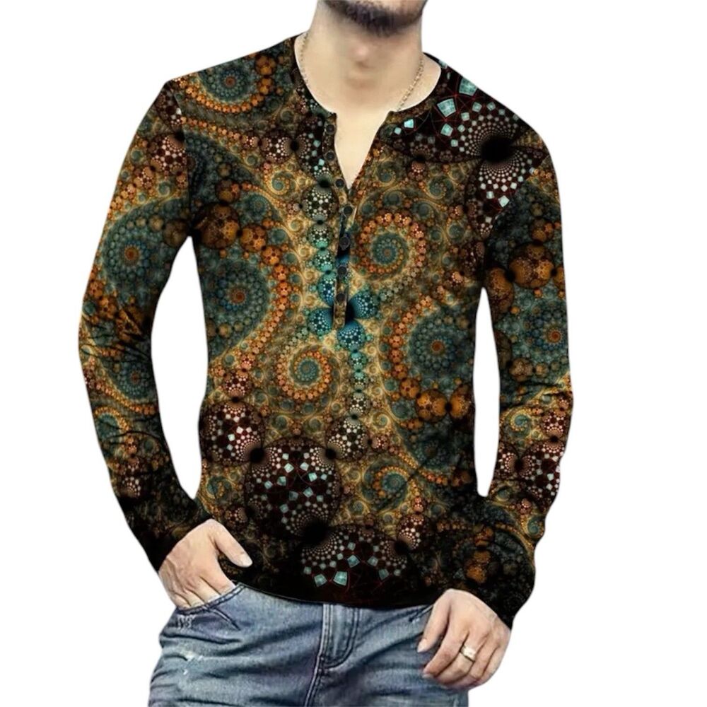 Men’s Henley Shirt T-shirts Long Sleeve Psychedelic Size Medium